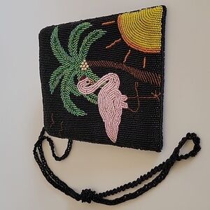 ERMO BLACK BEADED CROSSBODY BAG WITH A PINK FLAMINGO, PALM TREE & SUN